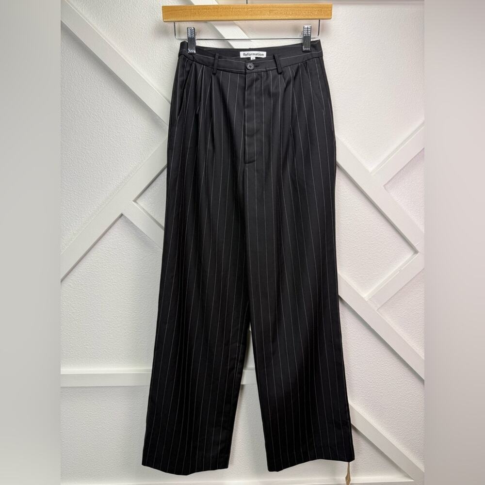 NWT Reformation Wool Blend Black Pinstripe Oren Wide Leg Pant Size 2 Petite - Picture 2 of 13